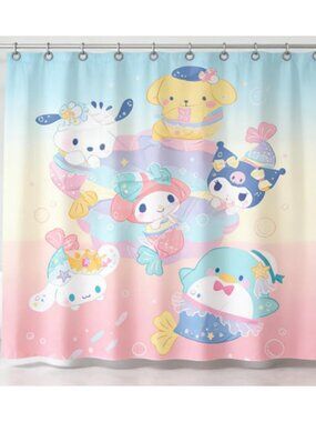 Kawaii Mermaid Cartoon Shower Curtain 59" × 71" with 12 Hooks Included